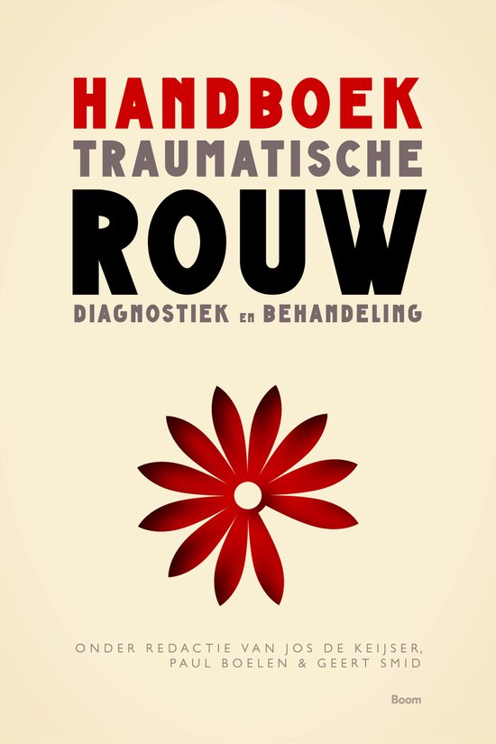 Boekomslag: Handboek Traumatische Rouw met een rode bloemillustratie op een beige achtergrond.