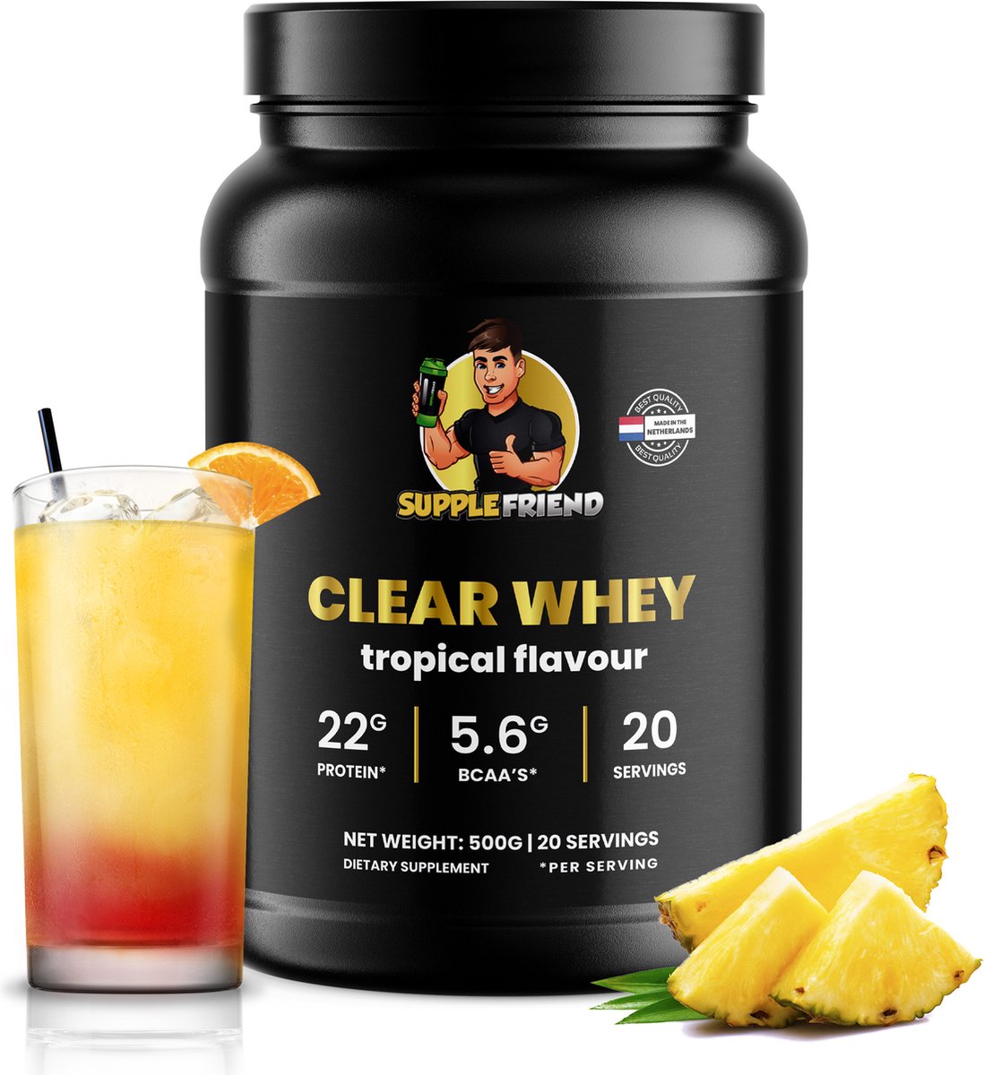 Supplefriend - Clear Whey Isolate - Verfrissende Proteïne shake - Protein Lemonade - Tropical Smaak - 500g (20 servings)