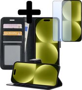 Hoesje Geschikt voor iPhone 15 Pro Hoesje Book Case Hoes Wallet Cover Met Screenprotector - Hoes Geschikt voor iPhone 15 Pro Hoesje Bookcase Hoes - Zwart