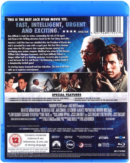 Achterkant van de Blu-ray hoes van "The Sum of All Fears" met filmrecensies en details over de cast en speciale extra's.