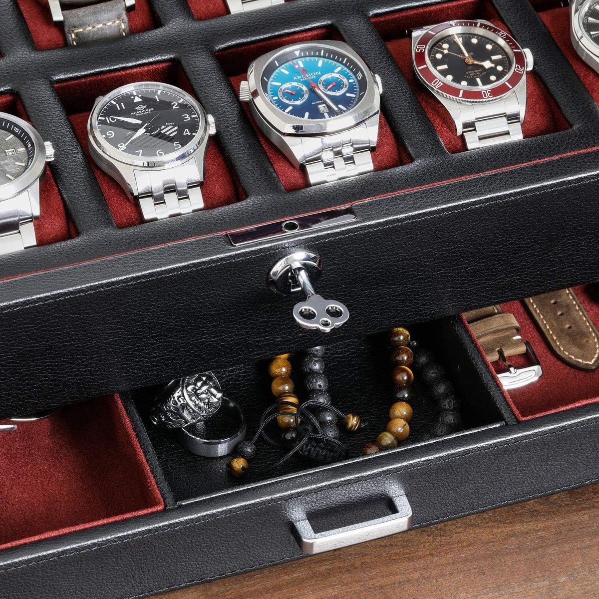 Horlogedoos met lade voor heren, 12 luxe horlogevakken, microsuède voering, afsluitbare houder voor sieraden en horloges, groot glazen deksel (zwart/ rood