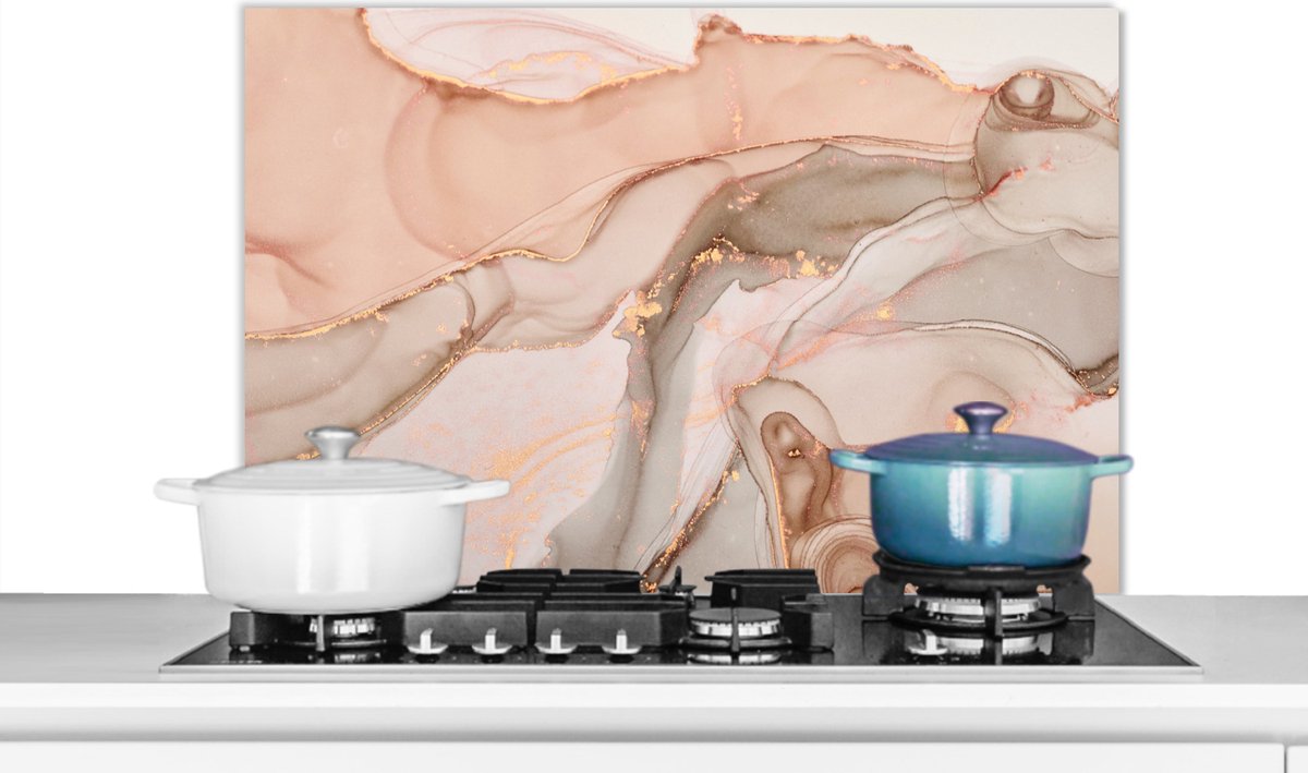 Spatscherm - Marmer print look - Roze - Rosé - Spatwand - keukenmuur - Keuken - Achterwand keuken - Luxe - 90x60 cm