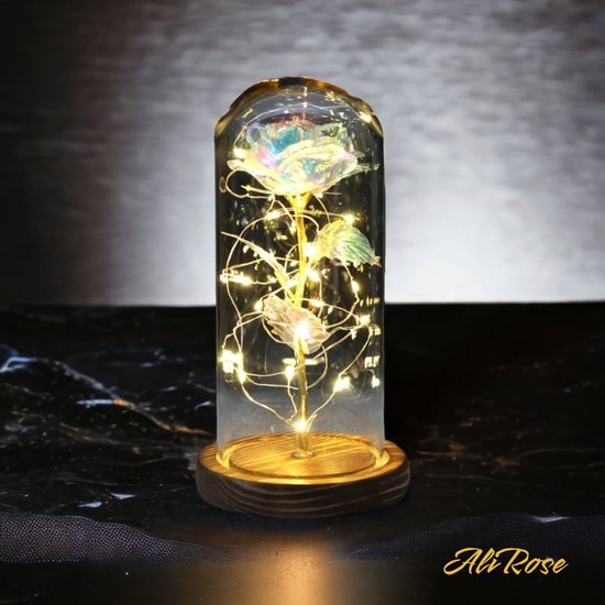AliRose - Eeuwige Roos - Diamond Crystal - In Glazen Stolp - LED - Houten Bodem