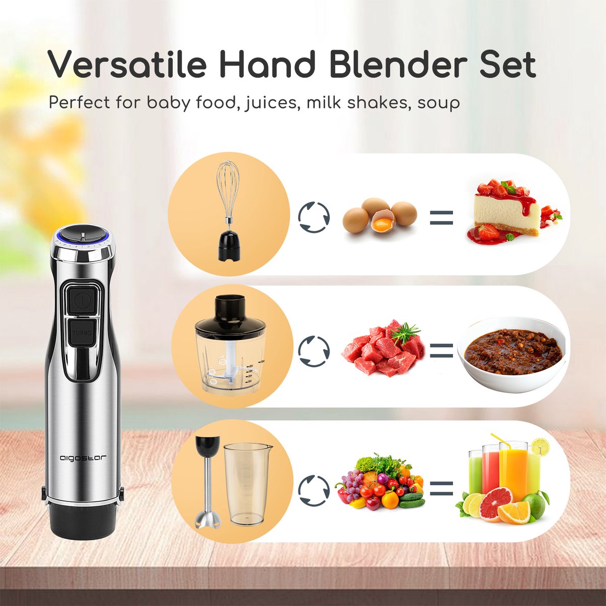 Aigostar Staafmixer - 4 in 1 Staafmixer set - Incl Hakmolen, Maatbeker en Garde/Klopper - 1000W - RVS – foto 4