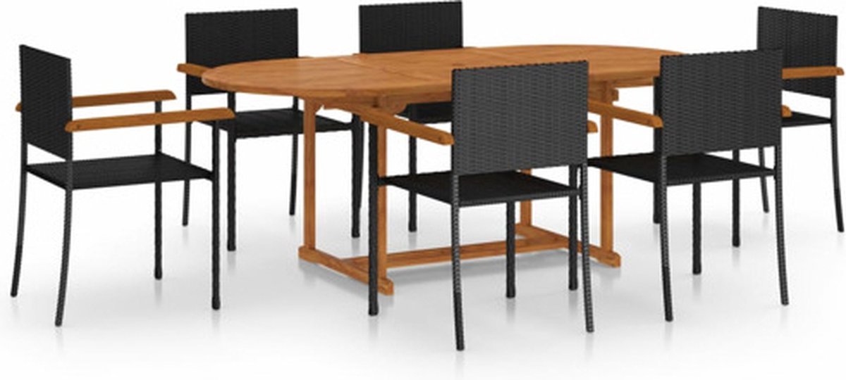 Zwarte poly rattan tuinstoel en tafel set met acaciahouten details.