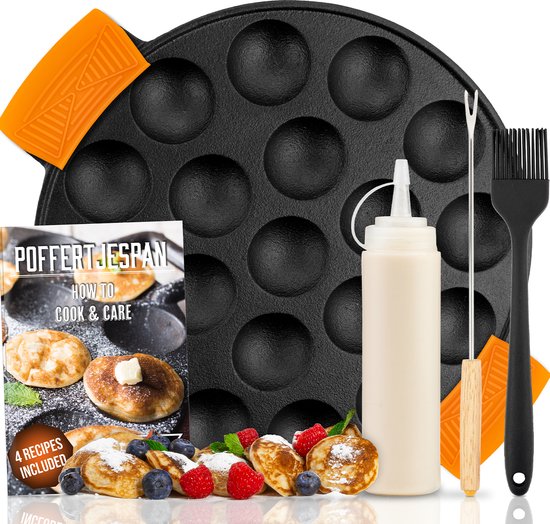 IRONO Poffertjespan Set - Incl. Doseerfles, kwast en vork - Poffertjespan Inductie en Electrisch - Poffertjesmaker 19 Poffertjes - Gietijzeren Pan - Poffertjes Maken - Spuitfles - Moederdag Cadeautje - Moederdag Geschenkset