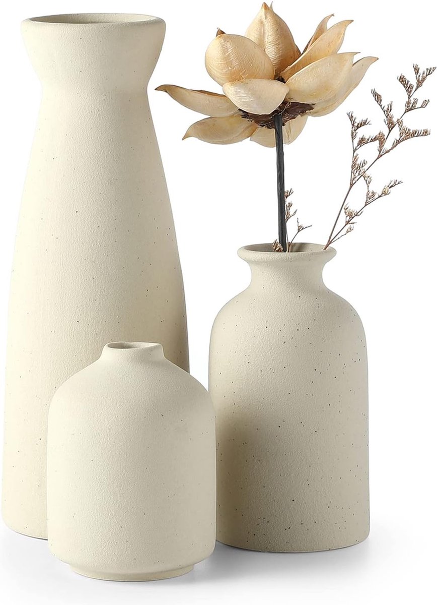 Keramik Vasen 3er-Set Kleine Blumenvasen für Dekor, Moderne rustikale Bauernhaus Home Decor, Dekorative Vasen für Pampas Grass&getrocknete Blumen, Idee Regal ,Tisch, Bücherregal ,Mantel, Eingangsbereich- Distressed Dekor