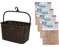 Wasknijpersmandje met ophanghaak - bruin - en 96x houten wasknijpers 7 cm - was ophangen
