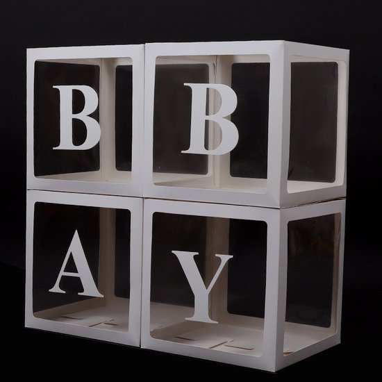 Verjaardagsfeestdecoratie doos met 52 letters, baby shower decoratie dozen voor meisjes jongens, 4 stuks transparante ballondozen inclusief letter A-Z voor verjaardagsfeestje, babyshower