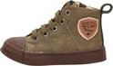 Zijzicht van groene hoge veterschoenen met bruine neus en zool, met een patch aan de zijkant.