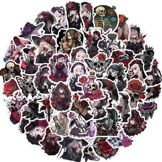 Foto: Skulls roses stickers 50 stuks met doodshoofden rozen gothic vrouwen zwart rood paars stickers voor volwassenen 4x5cm