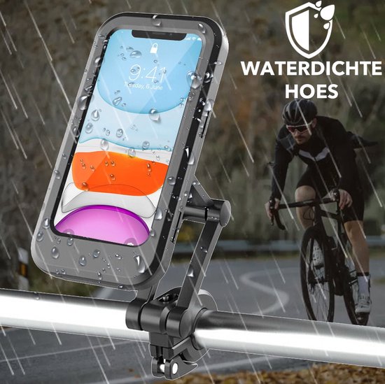 Waterdichte telefoonhoes op een fietsstuur, met een fietsende man op de achtergrond.