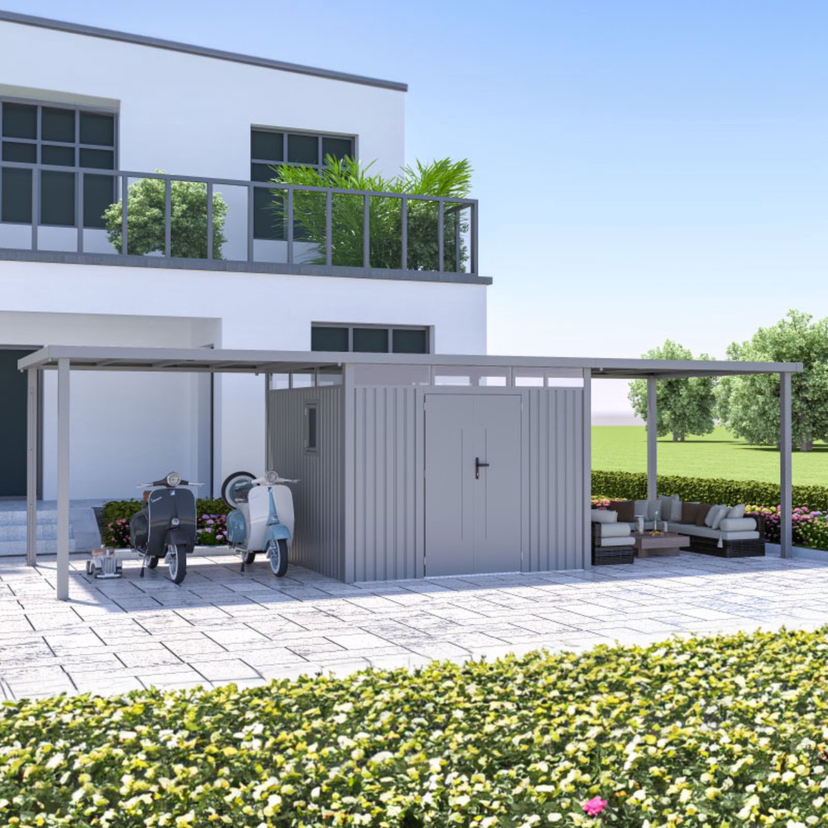 Rockford Lagos 300 metalen tuinhuis met overkappingen - Tuinschuur met centraal slot, polycarbonaat ramen en regenpijp - 826 x 294 x 222 cm - Grijs