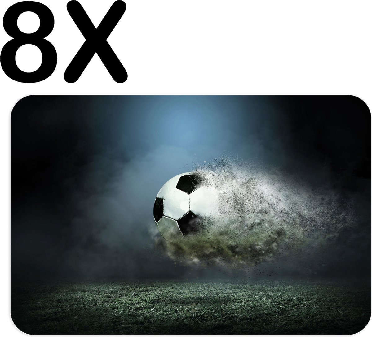 BWK Luxe Placemat - Ontploffende Voetbal boven het Gras - Set van 8 Placemats - 45x30 cm - 2 mm dik Vinyl - Anti Slip - Afneembaar