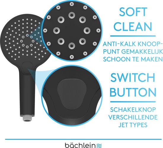 Pommeau de douche universel Bächlein - Pommeau de douche avec 3 types de jets, facile à changer grâce à un bouton poussoir pratique - Pommeau de douche rond noir mat - Douchette à main avec dimensions de raccordement standard G 1/2"