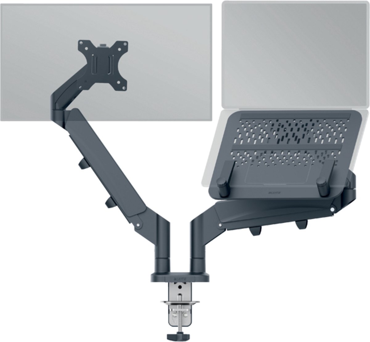 Leitz Ergo ruimtebesparende monitorarm, dubbele arm met 1 laptoparm, grijs