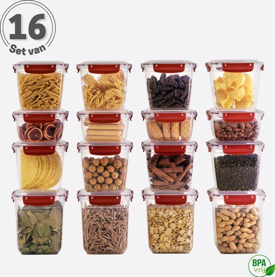 Set de 16 Boîtes de conservation à lunch rouges Prep de repas - Conteneurs pour aliments Set - Conteneurs pour aliments frais - Boîtes de conservation frais - Conteneurs pour micro-ondes - Tavas
