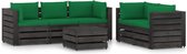 The Living Store Pallet Lounge Set - Bois de pin - Coussins verts - Canapé d'angle 69x70x66 cm - Canapé du milieu 60x70x66 cm - Table/repose-pieds 60x62x37 cm