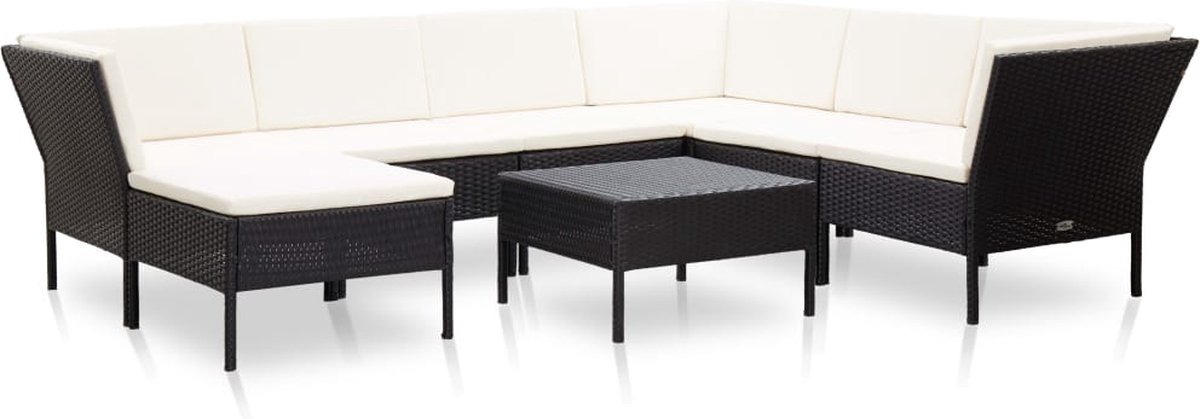Zwarte poly rattan loungeset met kussens voor tuin of terras.