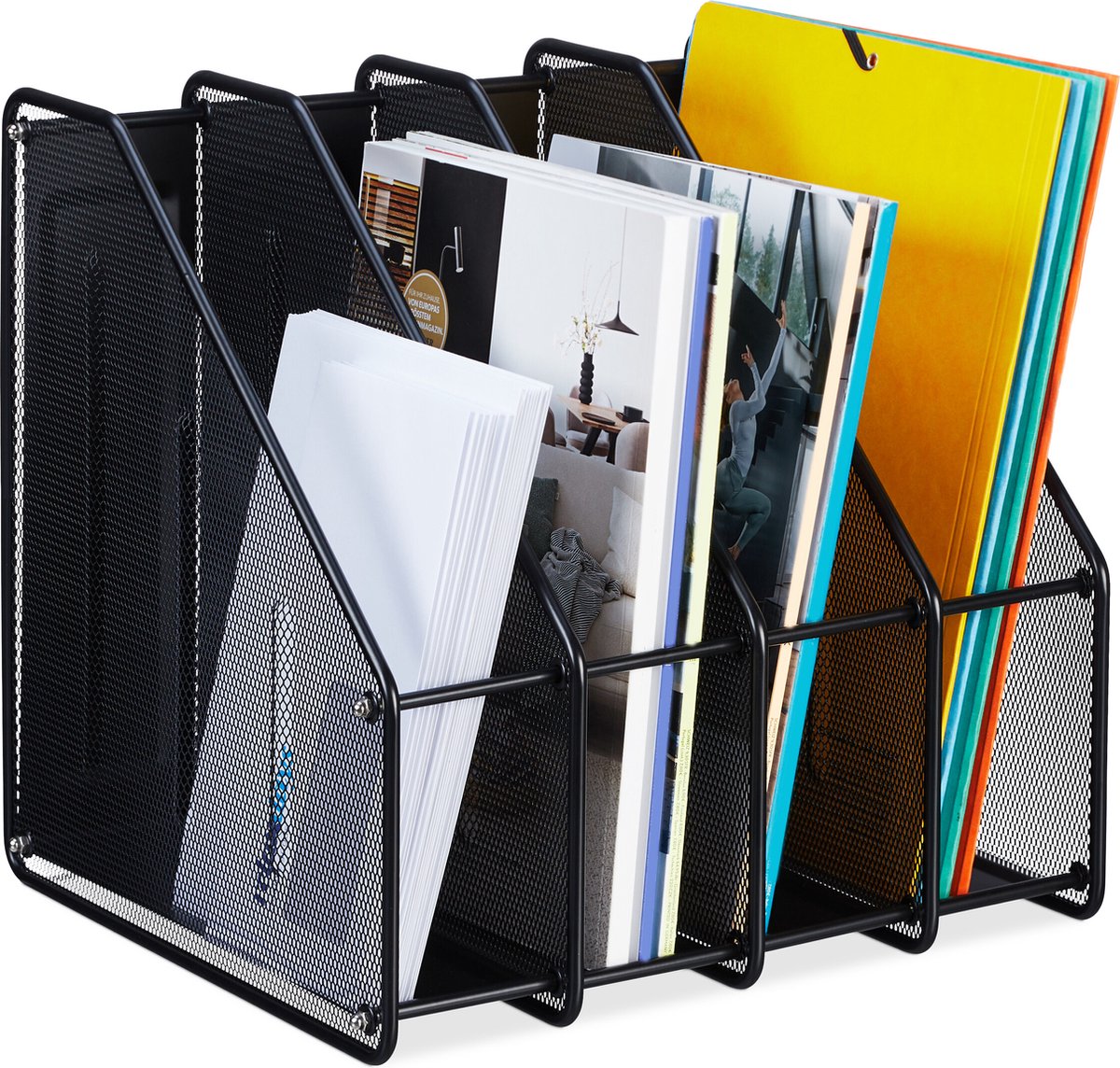 Relaxdays tijdschriftencassette, A4, 4 vakken, modern, HBD: 26x31x30,5 cm, kantoor & thuis, magazinehouder staal, zwart
