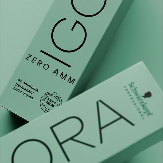Twee IGORA ZERO AMM dozen, waarvan één met de tekst 'no ammonia permanent color creme'.