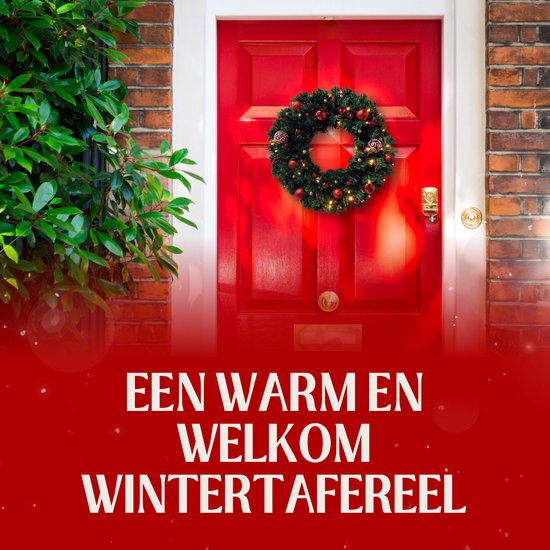 Buxibo PVC Kerstkrans met Decoraties - Groen - Met 40 Lampjes op Batterijbox - 150 Takken - 50cm