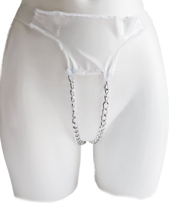 BamBella® String Kruisloos - LATEX en Stof- Wit - L/XL - Open kruis met ketting Fetish erotische kleding dames
