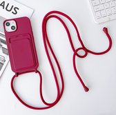 Mobigear Telefoonhoesje geschikt voor Apple iPhone 15 Siliconen met Kaarthouder | Mobigear Lanyard Card Hoesje met koord en Pasjeshouder | Kaarthouder voor 1 Pasje | hoesje met koord Telefoonhoesje voor Pinpas / OV Kaart / Rijbewijs - Bordeaux Rood