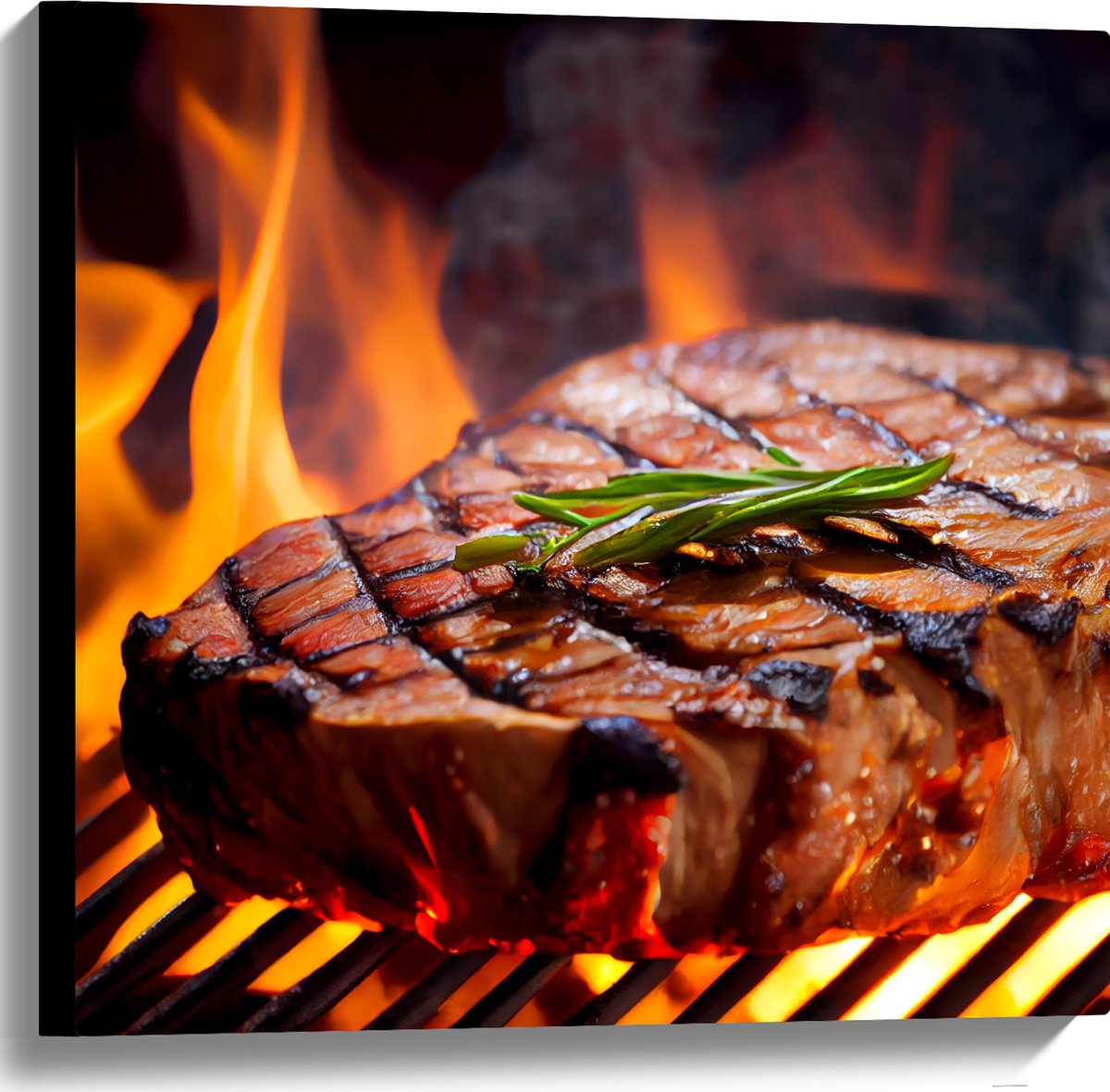 Canvas - Brandende Steak op Barbecue - 60x60 cm Foto op Canvas Schilderij (Wanddecoratie o