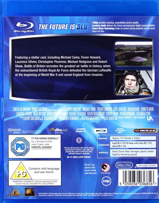 Achterkant van de Blu-ray hoes van 'Battle of Britain' met filminfo en tekst.