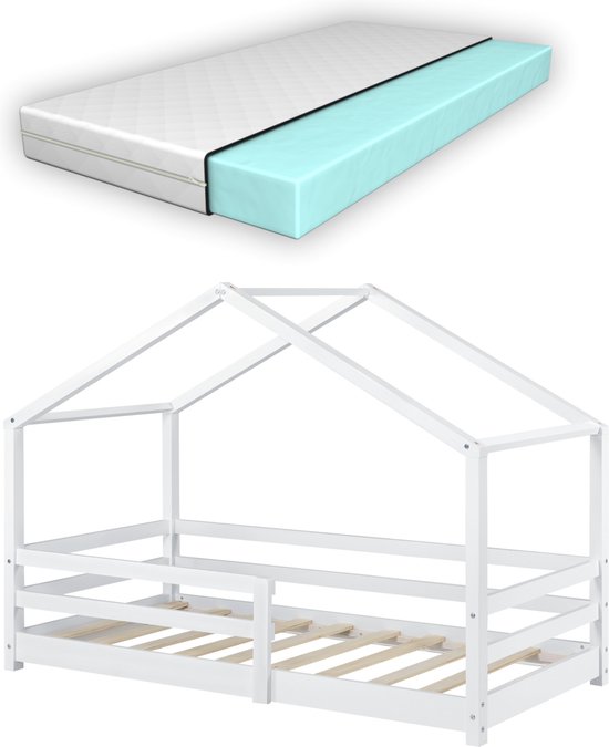 Kinderbed Dina - Grenen - Huisbed - Met matras en valbescherming - 70x140 cm - Wit - Voor meisjes - Voor jongens - Voor kinderen