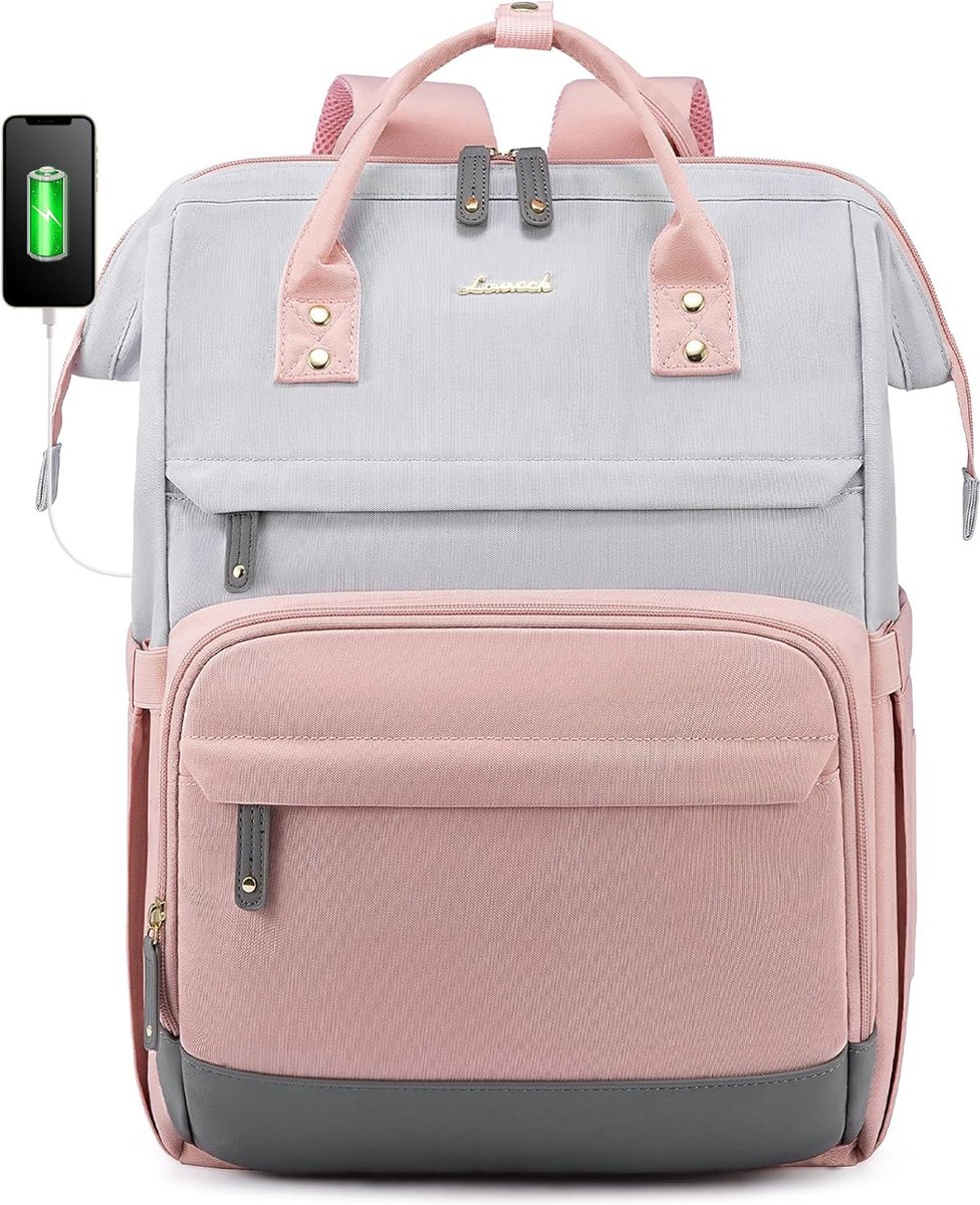 Laptop rugzak 17.3 inch - Roze/grijs - USB-oplaadpoort - Rugtas voor volwassenen en tieners - Waterdichte laptoptas