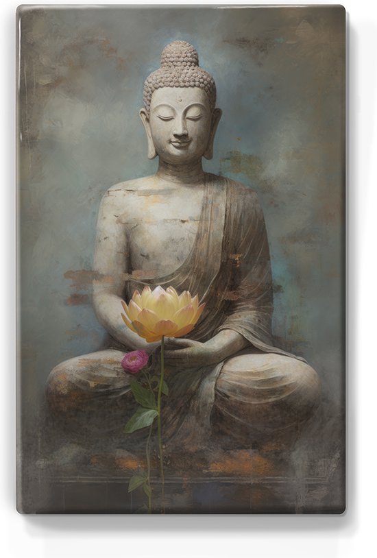 Boeddha met bloemen - Laqueprint - 19,5 x 30 cm - Niet van echt te onderscheiden handgelakt schilderijtje op hout - Mooier dan een print op canvas. - LP525