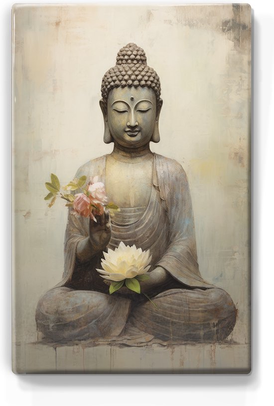 Boeddha met bloemen - Laqueprint - 19,5 x 30 cm - Niet van echt te onderscheiden handgelakt schilderijtje op hout - Mooier dan een print op canvas. - LP532