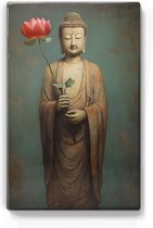 Boeddha met bloemen - Mini Laqueprint - 9,6 x 14,7 cm - Niet van echt te onderscheiden handgelakt schilderijtje op hout - Mooier dan een print op canvas. - LPS523