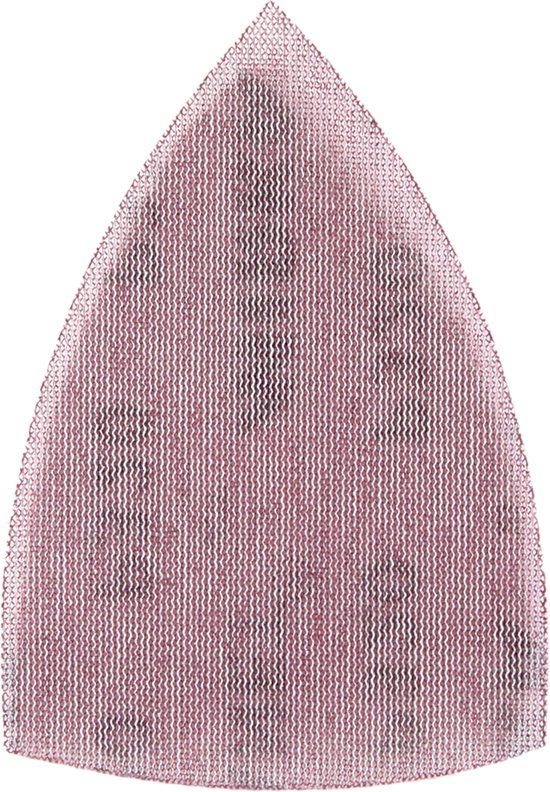 Un tamis abrasif rose et triangulaire avec un motif ondulé.