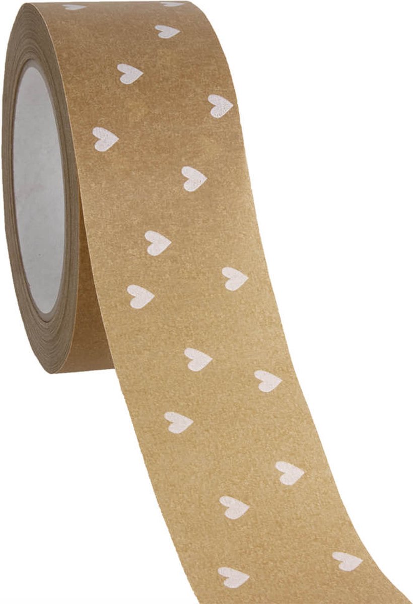 Papieren tape 'Hearts' Bruin-Wit 50mmx50mtr