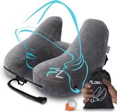 AIR Opblaasbaar nekkussen - reiskussen met capuchon en oordopjes voor volwassenen - Snel opblaasbaar Travel pillow voor vliegtuig - Verstelbaar nekkussen met 5 slaapstanden - Grijs, Maat L
