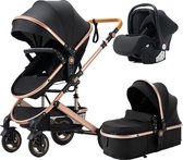 Baby Buggy 3 in 1 – Kinderwagen 3 in 1 – Opvouwbaar – Hoge Kwaliteit – Zwart Met Goud – Extra Veilig