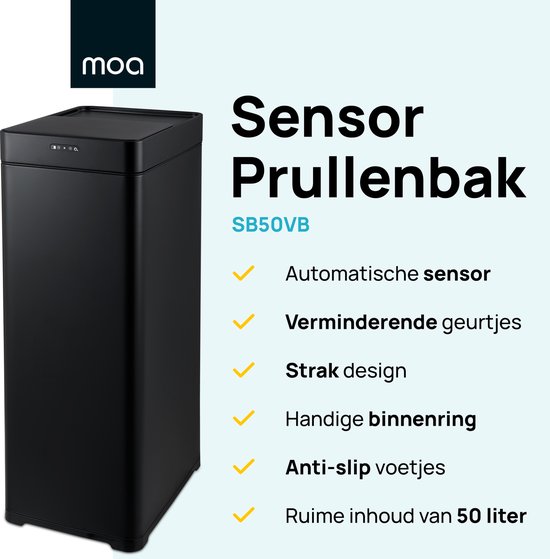 MOA Sensor Prullenbak - 50 liter - RVS & duurzaam ABS - Non-slip - Geruisloze deksel - Vertraagd sluiten modus - Zwart - SB50VB - MOA