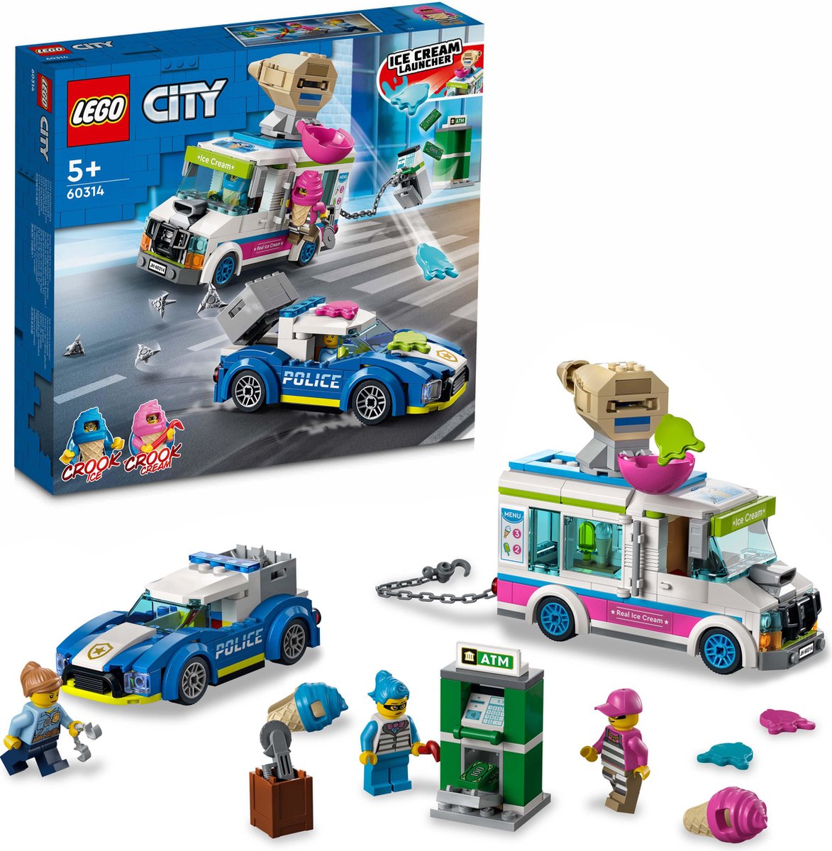 LEGO® City IJswagen politieachtervolging 60314 bouwset voor kinderen vanaf 5 jaar; met een ijswagen met kledderschieter, een onderscheppingsvoertuig van de politie, een geldautomaat en 2 personages uit de LEGO City tv-serie (317 onderdelen) — afbeelding 8