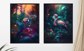 Posterset Flamingo en Papegaai in Jungle. Prachtige kleurrijke poster - 30x40cm met zwarte kunststof wissellijst