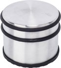 Cilindrische RVS deurstopper met twee zwarte rubberen ringen.