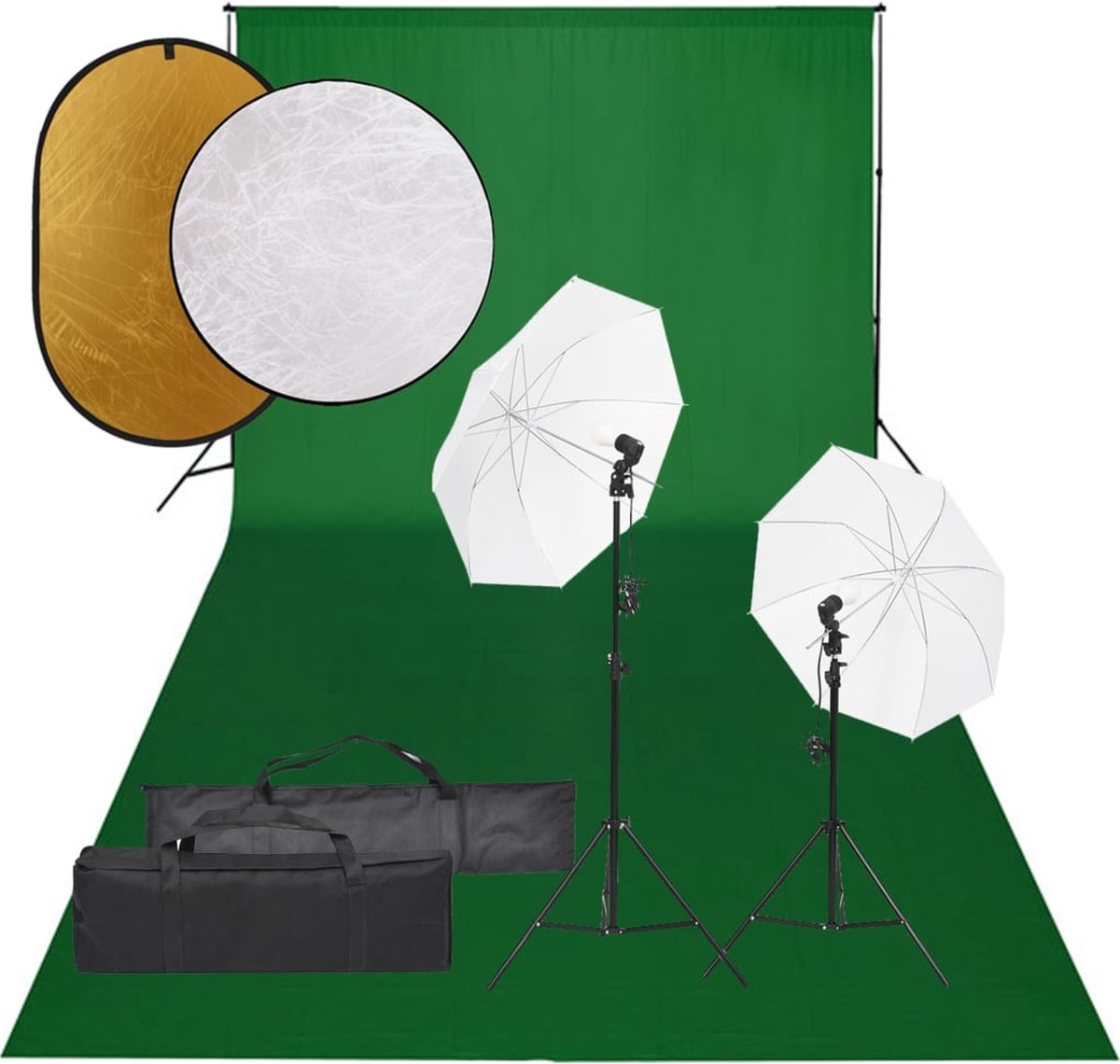 The Living Store Fotostudioset - Verstelbaar achtergrondsysteem - 2 x 84 cm witte paraplu - 2 x daglichtlamp - Reflectoren - Inclusief draagtas