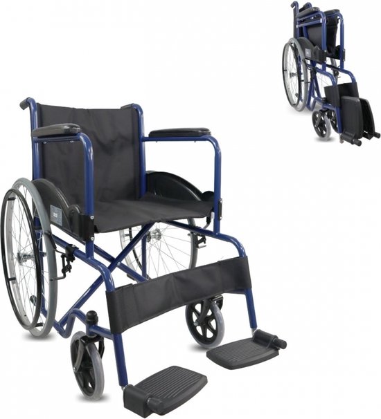 Mobiclinic Alcazaba - Opvouwbare Rolstoel - Met Verstelbare Voetensteun - Inklapbaar - Grote wiel - Stevig - Staal - Max. 100 kg - Blauw