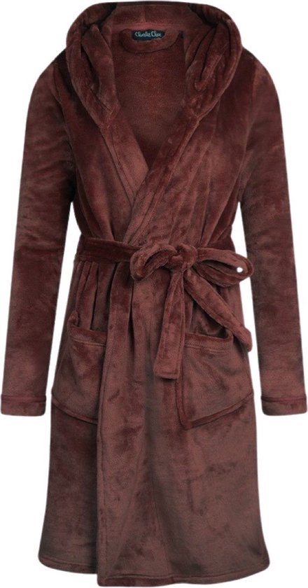 Charlie Choe badjas dames - 100 % zacht fleece - lang model - dames badjas met capuchon - trendy ochtendjas - bruin - maat S