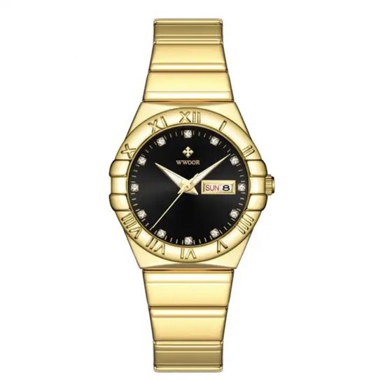 Borasi Majestueus Horloge | Goud&Zwart | 30 M Waterproof | 5 Kleuren | Dag en Datum Aanduiding | Dames Horloges | Cadeau Voor Haar | Cadeau Voor Moeder | Moederdag Cadeau | Cadeau voor Dames | Moederdag Cadeautje