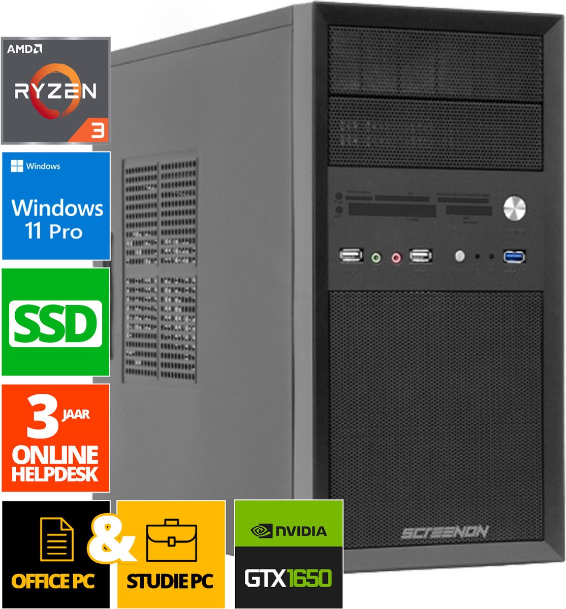 Office Computer - Ryzen 3 - 256GB SSD - 32GB RAM - GTX 1650 - WX32345 - Windows 11 - ScreenON - Allround Business PC + 5 in 1 Multifuntionele Cardreader + WiFi & Bluetooth