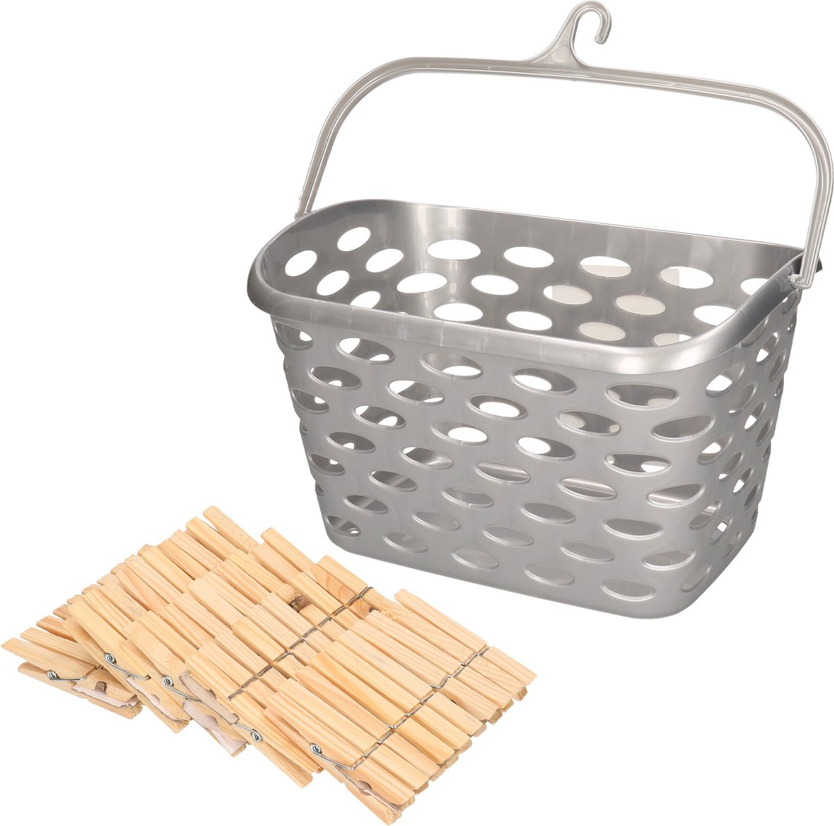 Goedkoopste Wasknijpersmandje met haak - zilver - en 100x houten wasknijpers 7 cm - was ophangen