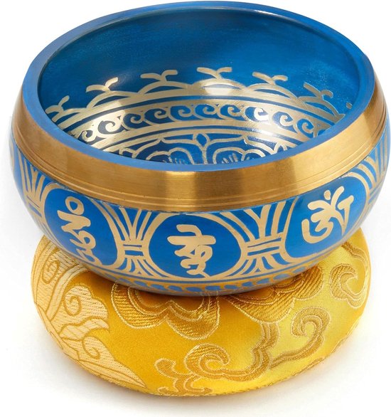 Klankschaalset met lepel en kussen - Horizon Blue - Tibetaanse zangkom in loktapapier geschenkbox van Inner Peace — afbeelding 3